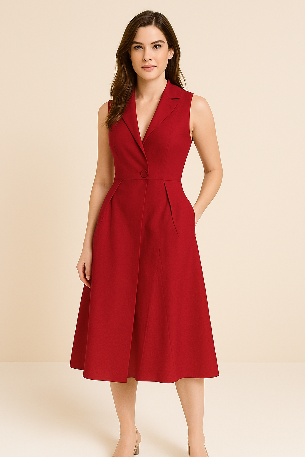 Robe midi femme – Sans manches – Col tailleur – Tissu fluide respirant – Coupe évasée