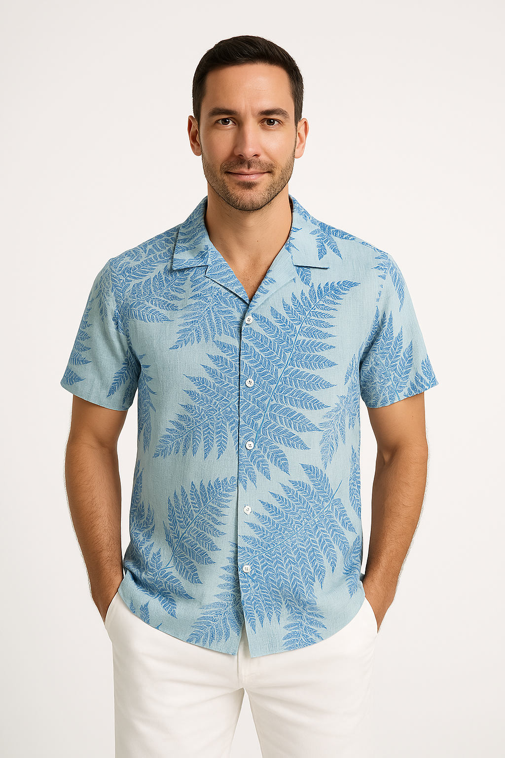 Chemise à manches courtes homme – Coupe décontractée – Tissu respirant – Motif feuillage