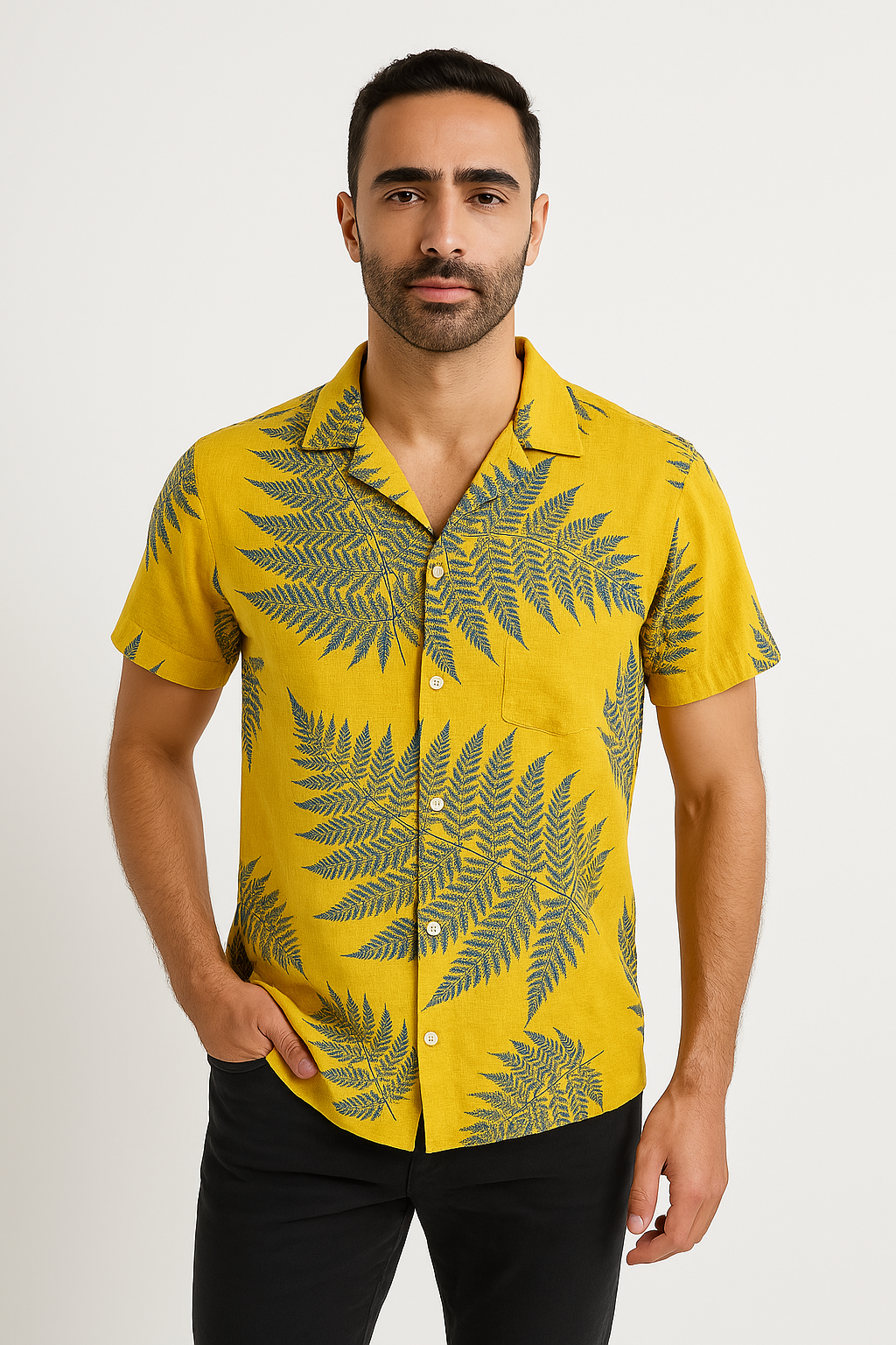 Chemise à manches courtes homme – Coupe décontractée – Tissu respirant – Motif feuillage