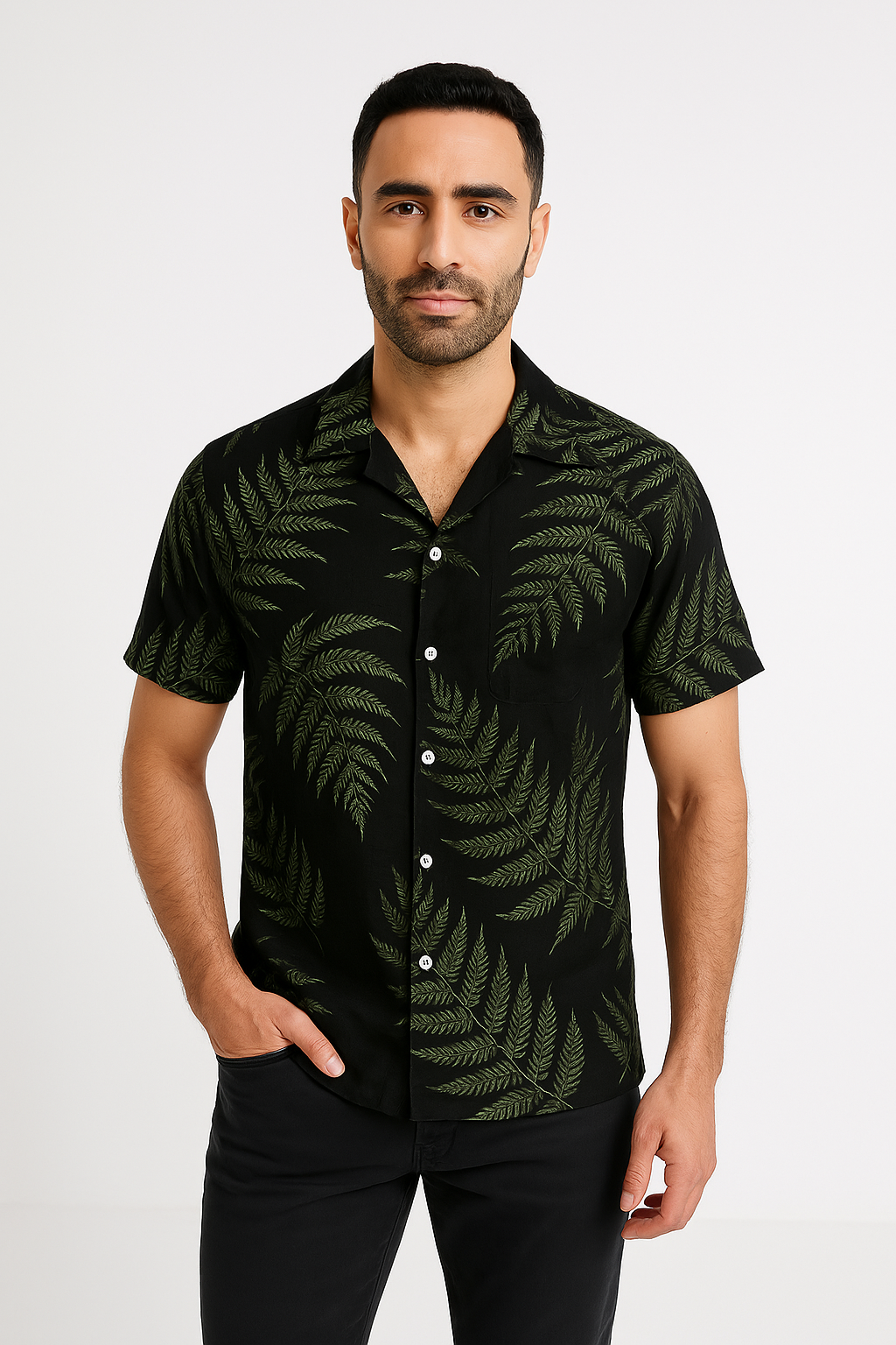 Chemise à manches courtes homme – Coupe décontractée – Tissu respirant – Motif feuillage