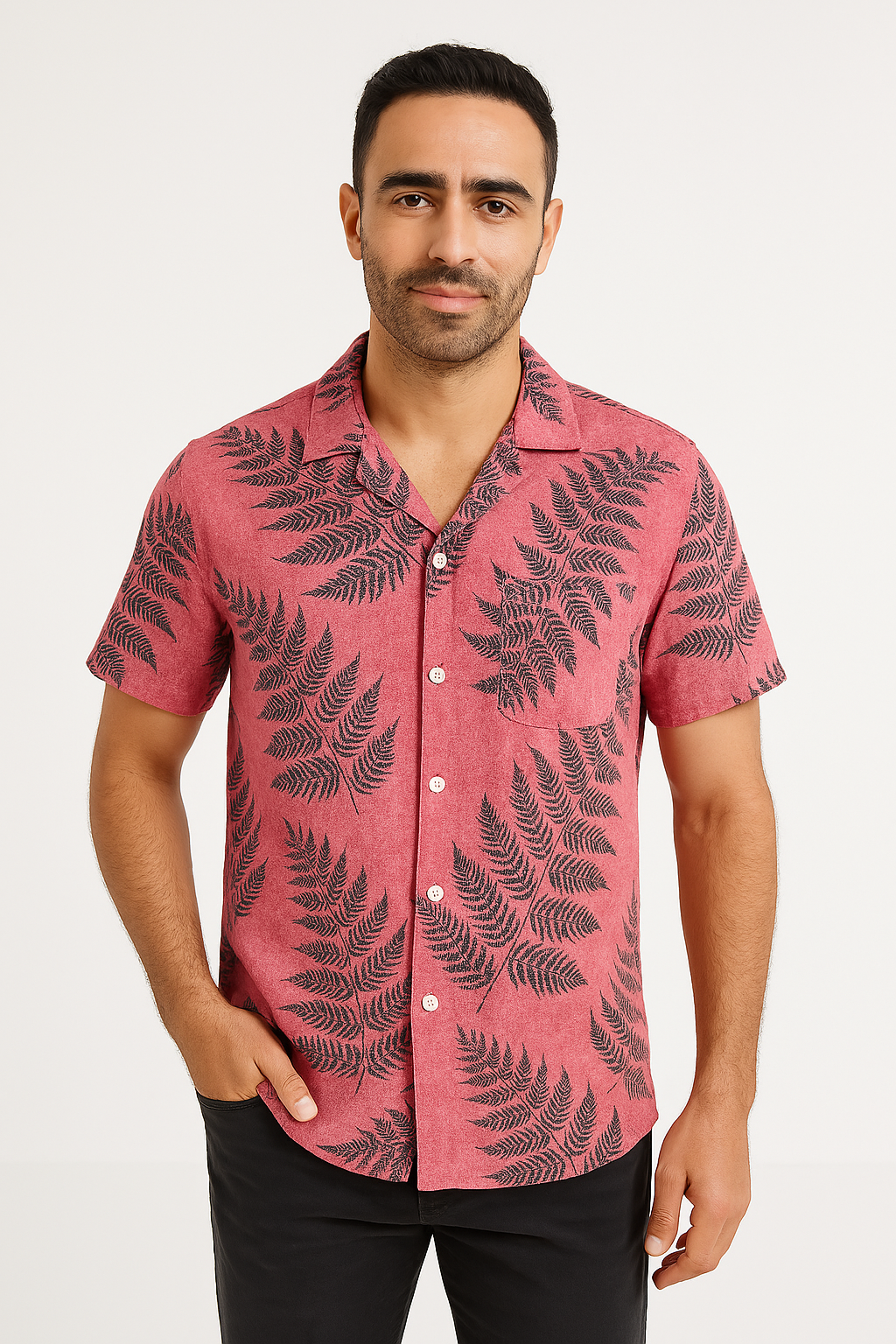 Chemise à manches courtes homme – Coupe décontractée – Tissu respirant – Motif feuillage