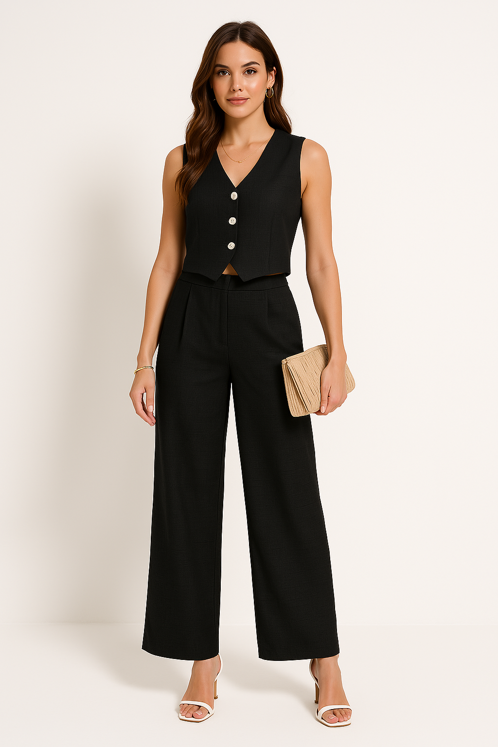 Ensemble gilet et pantalon pour femmes - coupe cintrée - encolure en V - pantalon à jambes larges