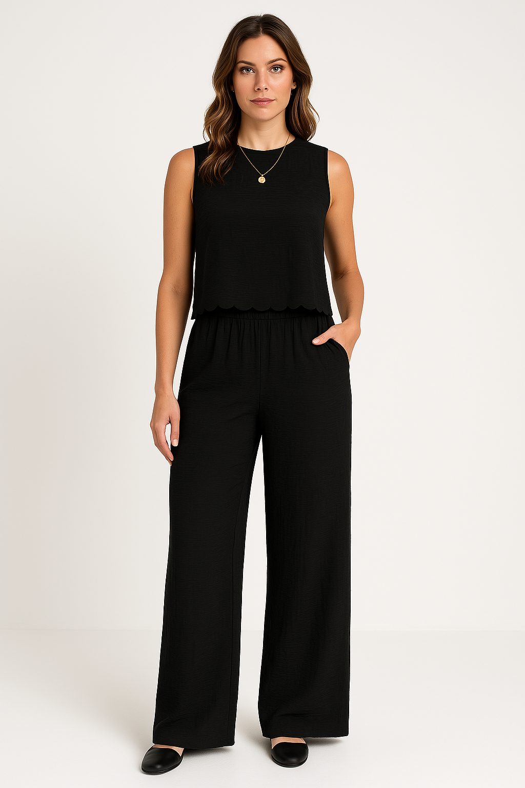 Pantalon femme large – Tissu léger froissé – Taille élastique – Longueur cheville