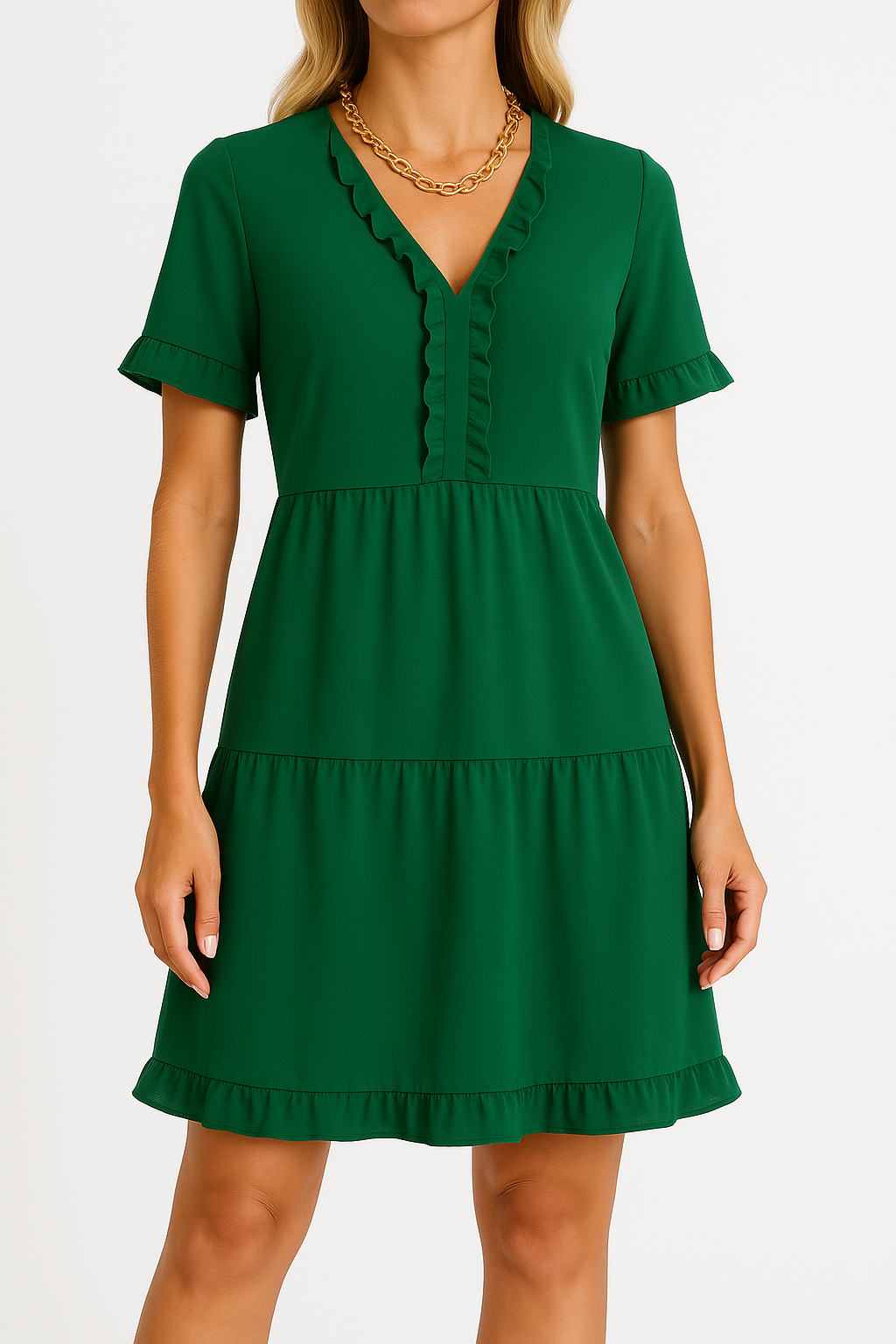 Robe femme évasée – Tissu léger respirant – Col V – Volants – Manches courtes