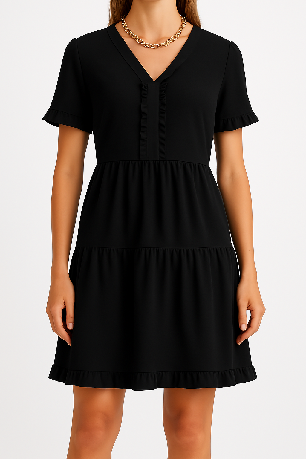 Robe femme évasée – Tissu léger respirant – Col V – Volants – Manches courtes