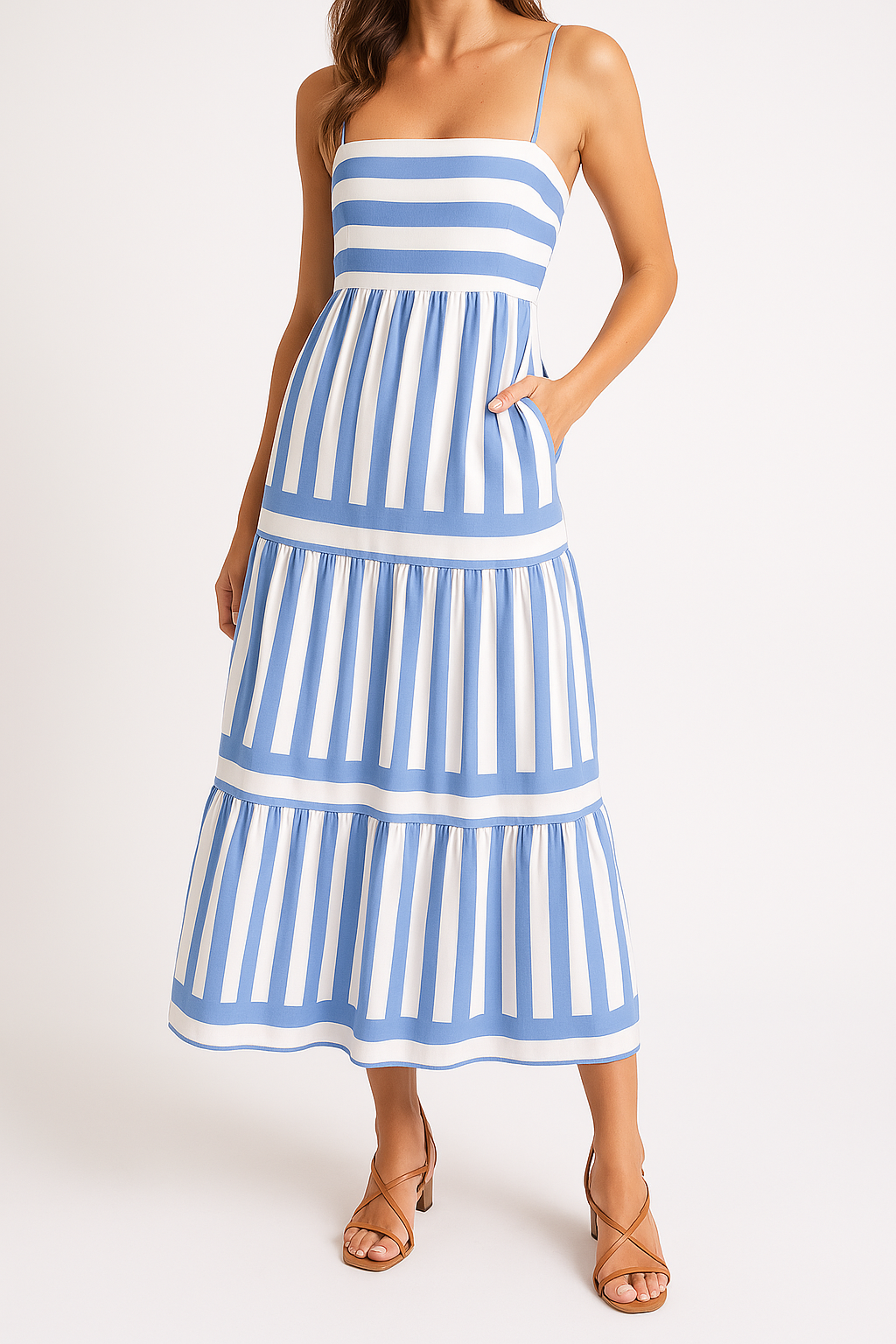Robe midi femme – Coton – Coupe évasée – Rayures – Bretelles fines – Volants