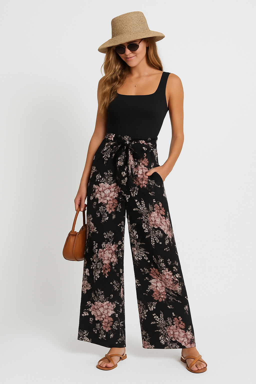 Combinaison femme – Sans manches – Imprimé fleuri – Coupe large – Taille ceinturée