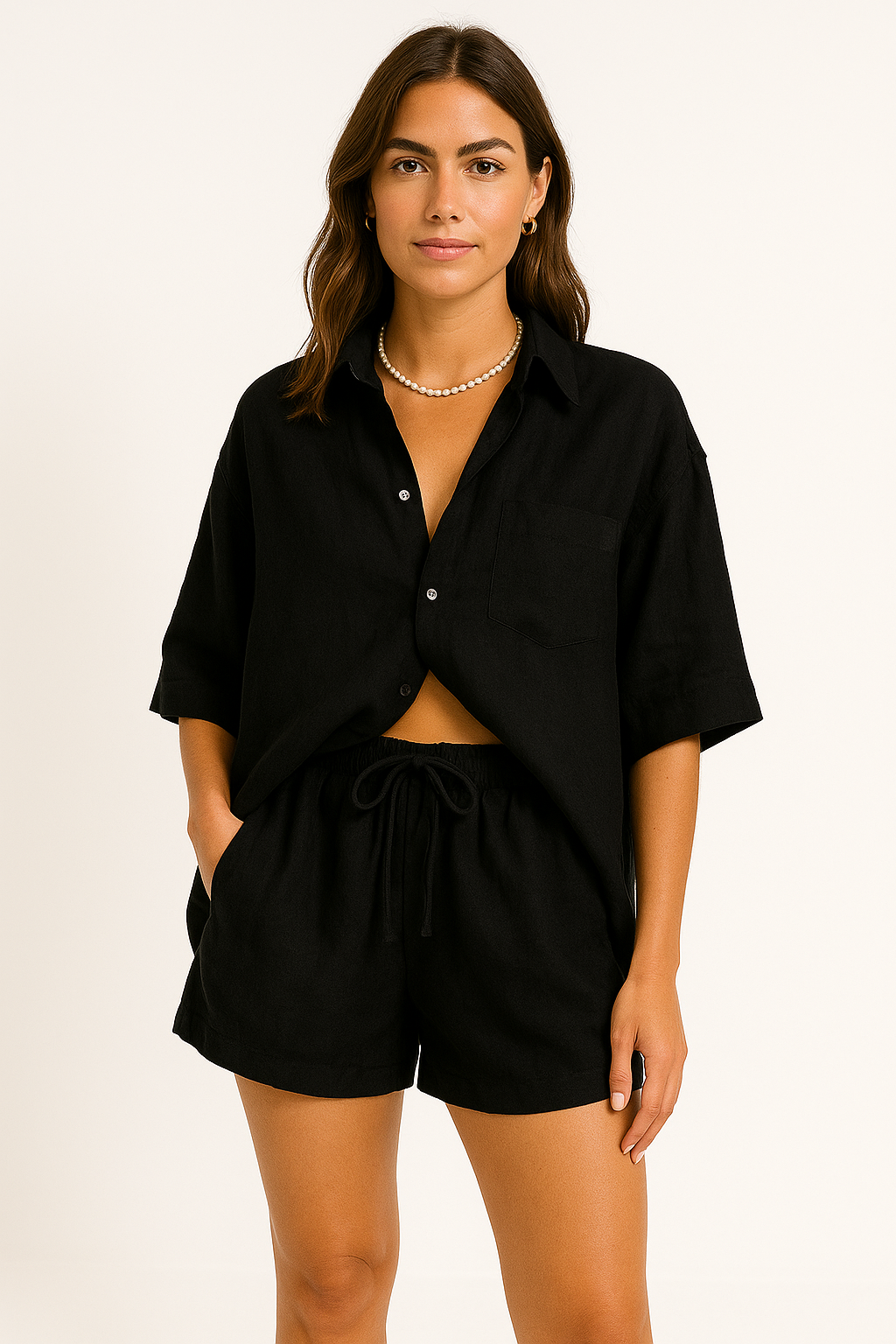 Chemise femme – Coupe oversize – Lin mélangé – Manches courtes – Style décontracté