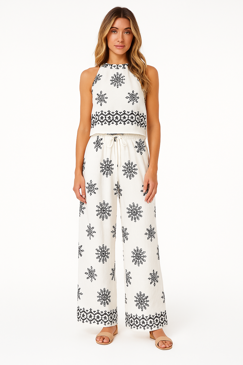 Ensemble Femme Deux Pièces – Haut Court Sans Manches – Pantalon Large Taille Haute – Broderie