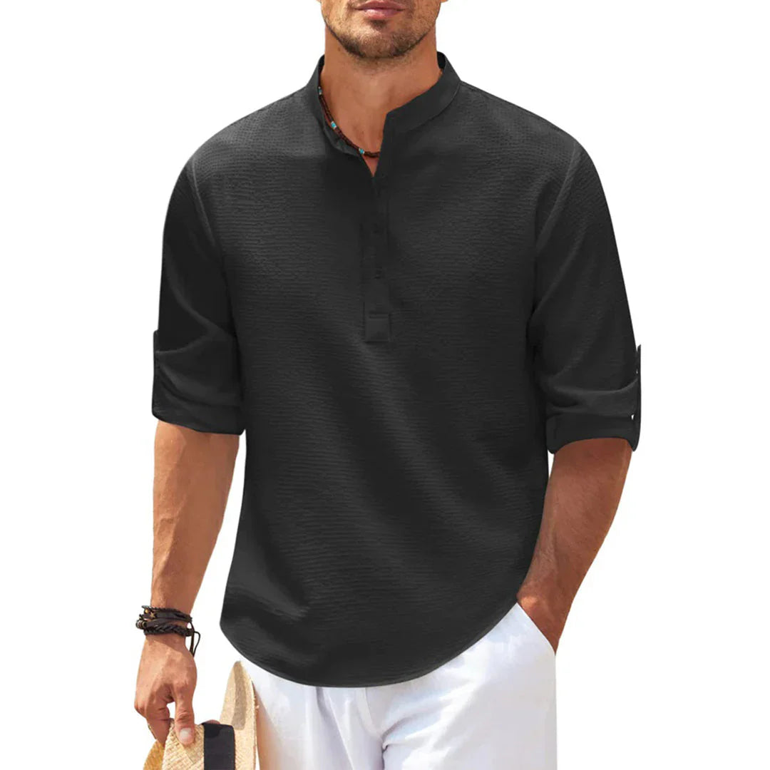 Chemise homme – Coupe ample – Coton – Col mao – Manches retroussables