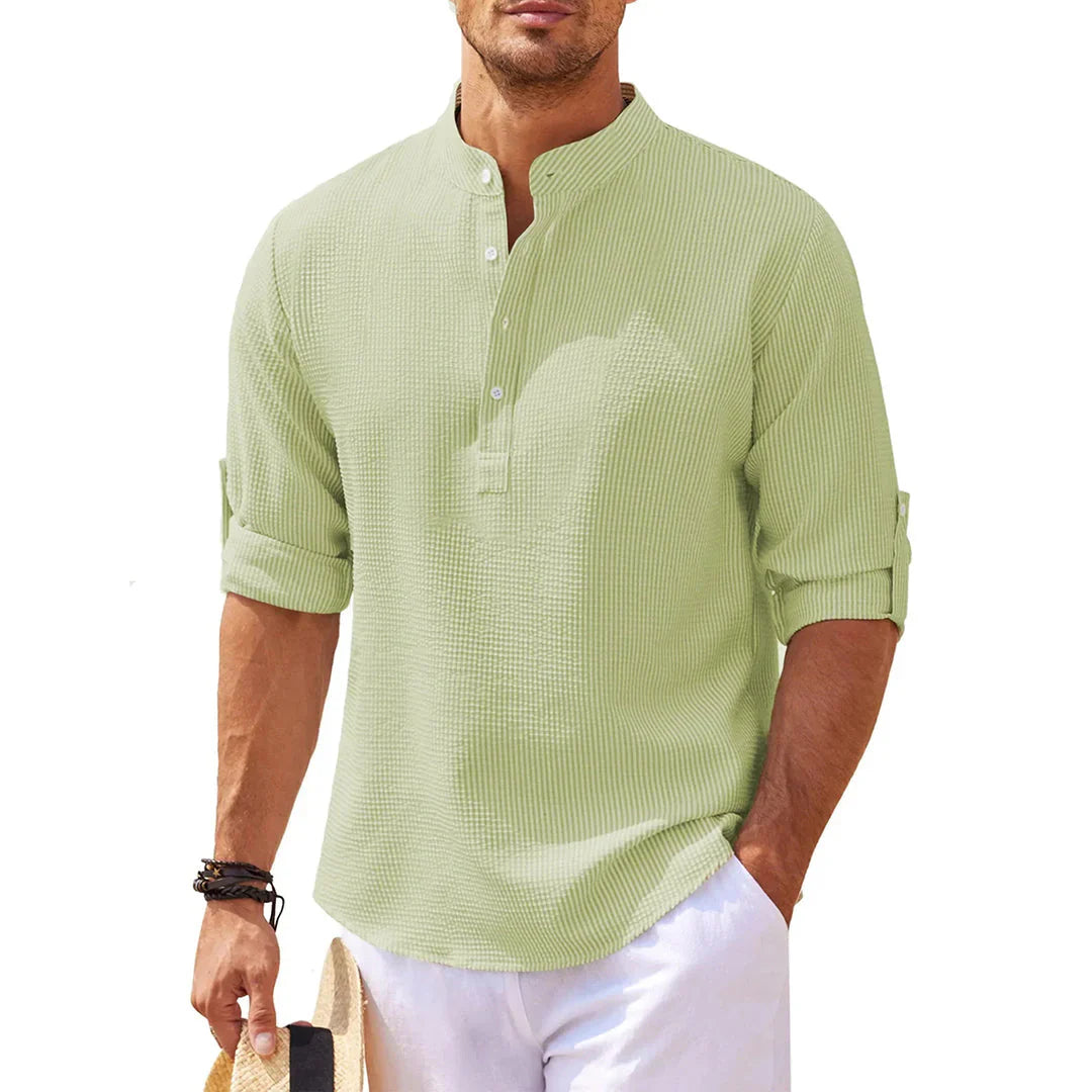 Chemise homme – Coupe ample – Coton – Col mao – Manches retroussables