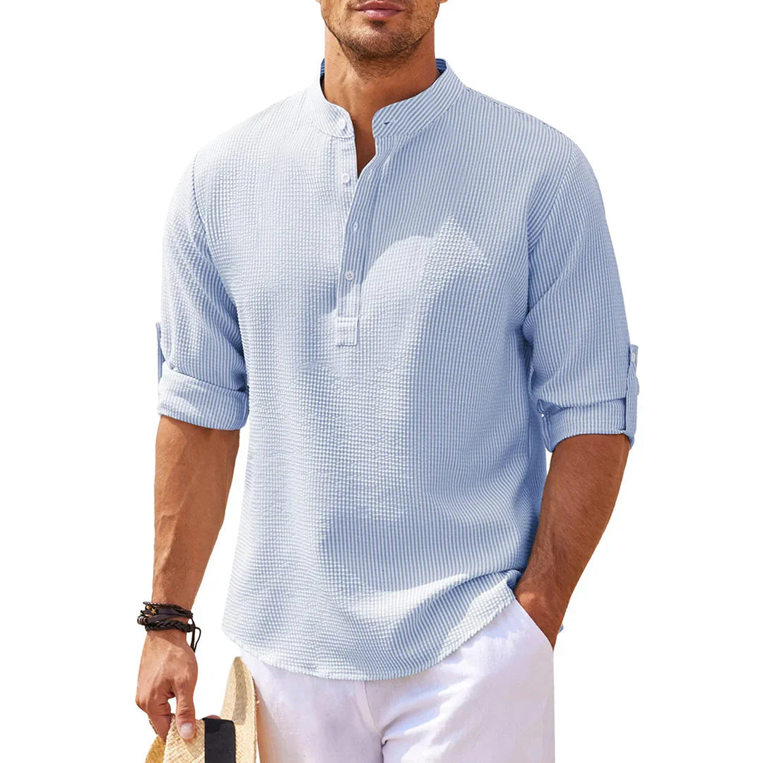 Chemise homme – Coupe ample – Coton – Col mao – Manches retroussables