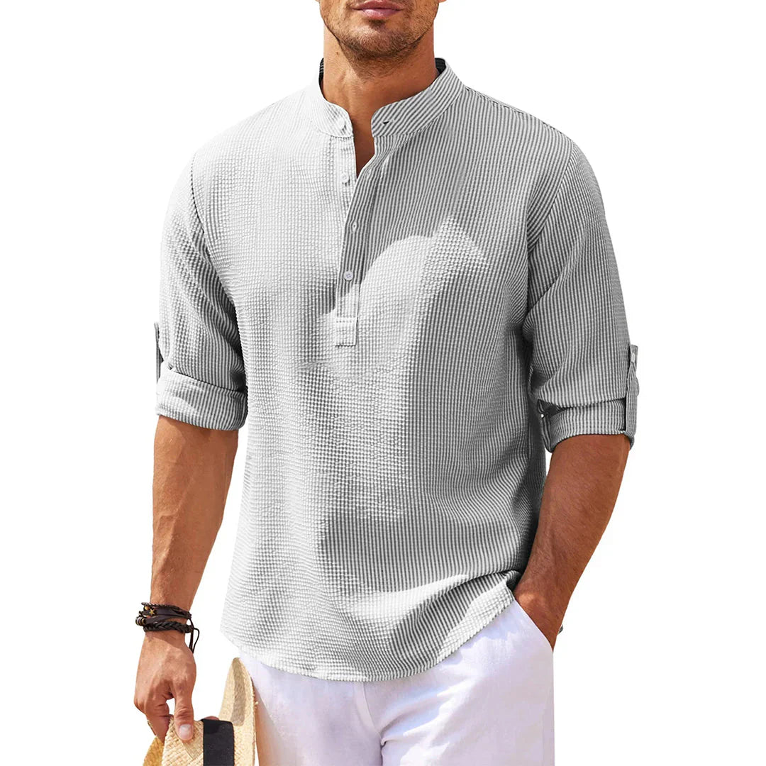 Chemise homme – Coupe ample – Coton – Col mao – Manches retroussables