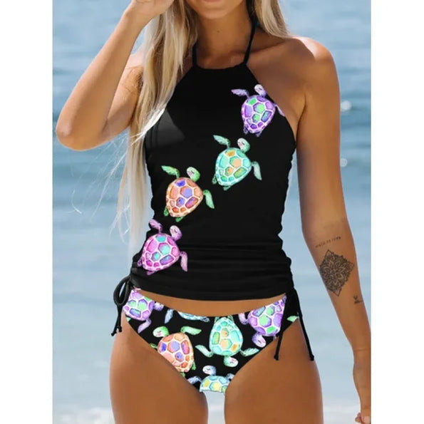 Maillot de bain femme – Ensemble deux pièces – Haut dos nu imprimé – Bas réglable côtés froncés