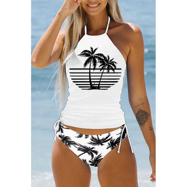 Maillot de bain femme – Ensemble deux pièces – Haut dos nu imprimé – Bas réglable côtés froncés