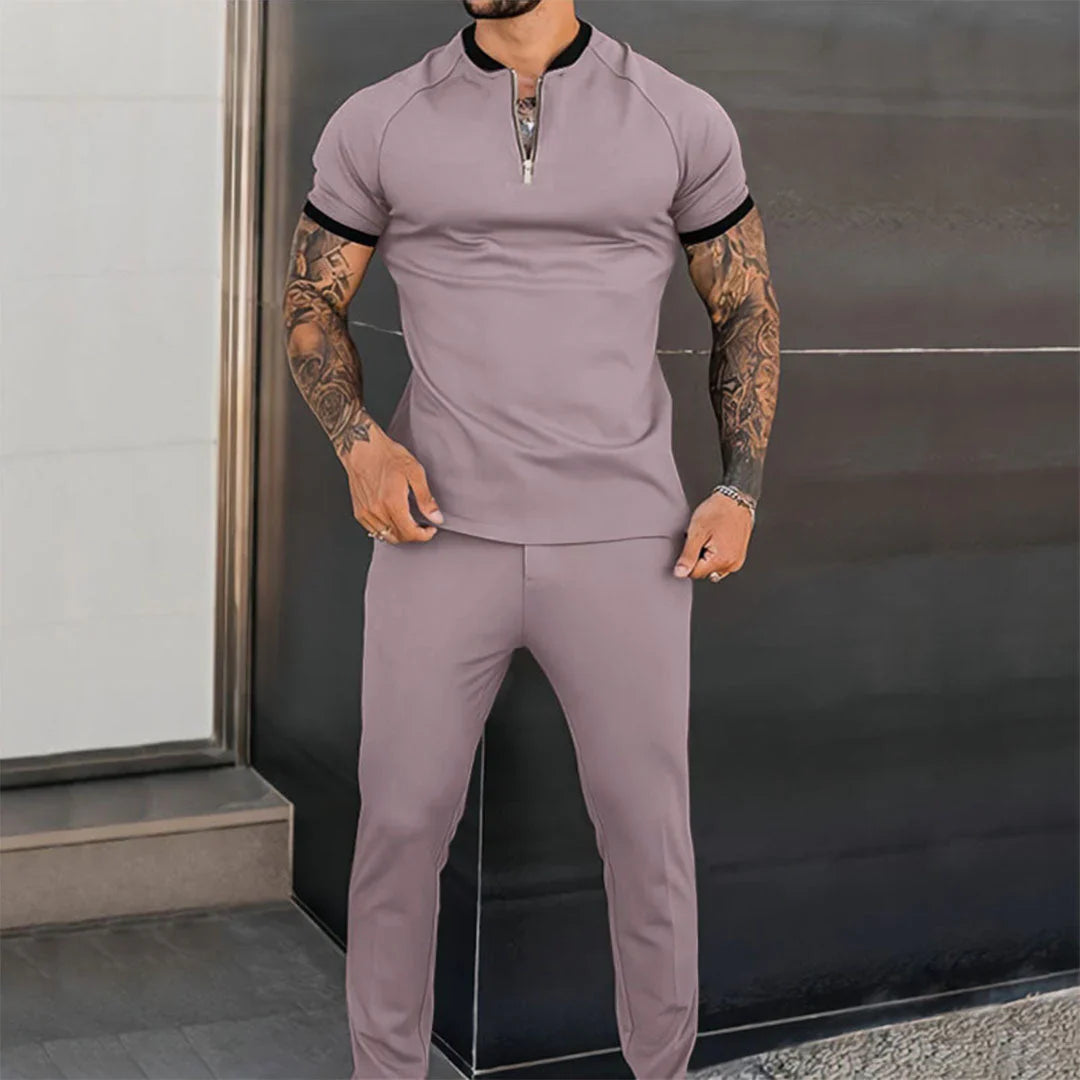 Ensemble de pantalons pour hommes – Coupe slim – Col zippé – Tissu respirant doux