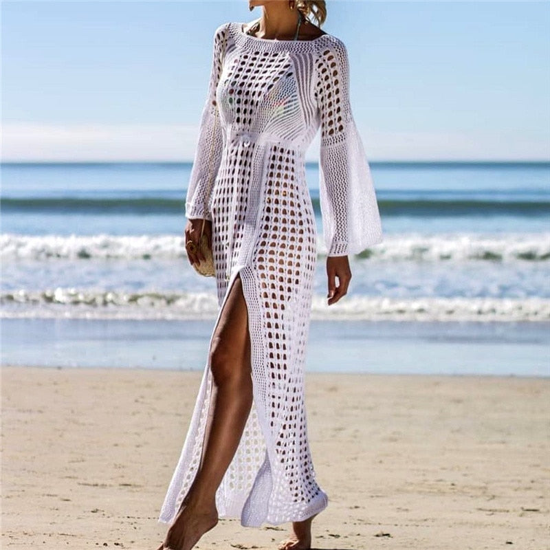 Robe de Plage Femme – Maille Légère – Coupe Flottante – Manches Longues – Fente Haute
