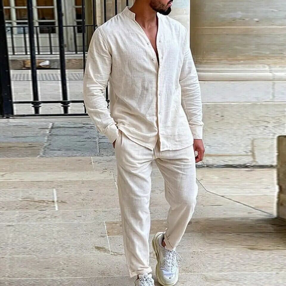Ensemble Homme Décontracté – Tissu Naturel Respirant – Chemise Ample et Pantalon Droit