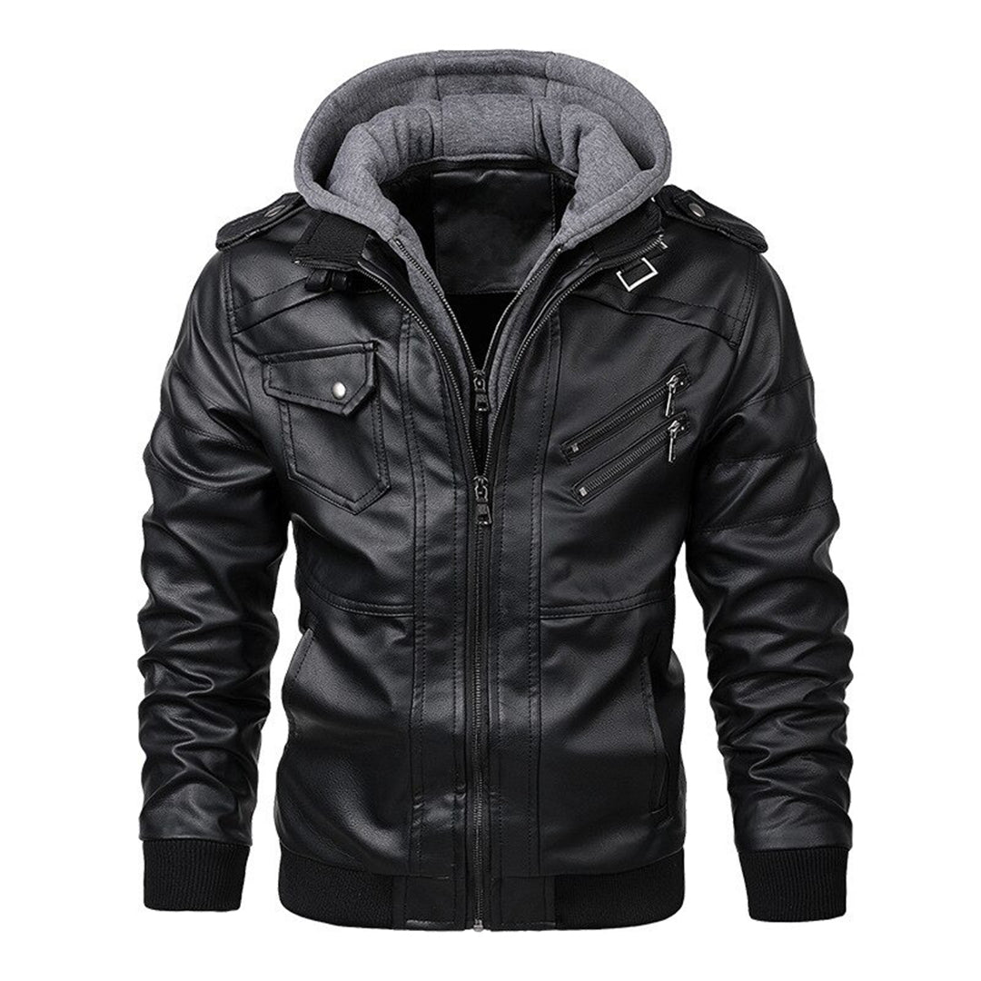 Blouson en cuir homme – Coupe ajustée – Capuche – Poches zippées – Finitions côtelées