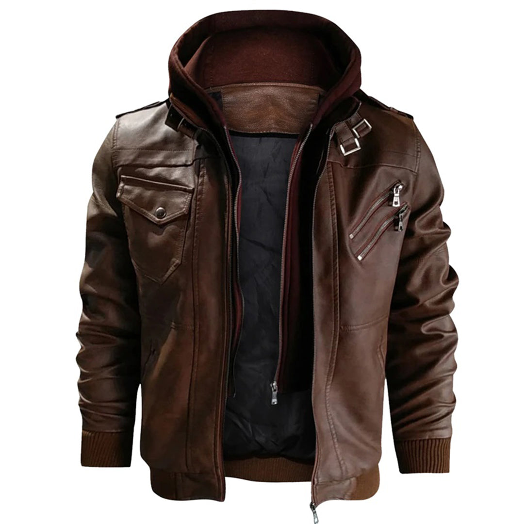 Blouson en cuir homme – Coupe ajustée – Capuche – Poches zippées – Finitions côtelées