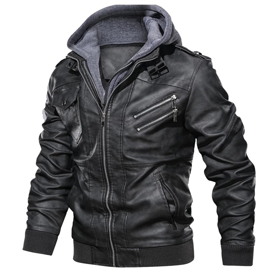 Blouson en cuir homme – Coupe ajustée – Capuche – Poches zippées – Finitions côtelées