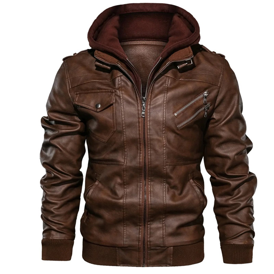 Blouson en cuir homme – Coupe ajustée – Capuche – Poches zippées – Finitions côtelées