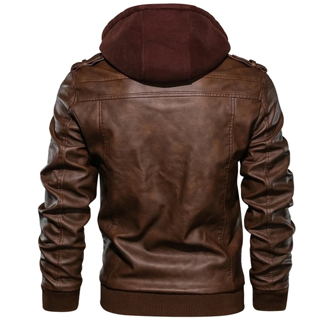 Blouson en cuir homme – Coupe ajustée – Capuche – Poches zippées – Finitions côtelées