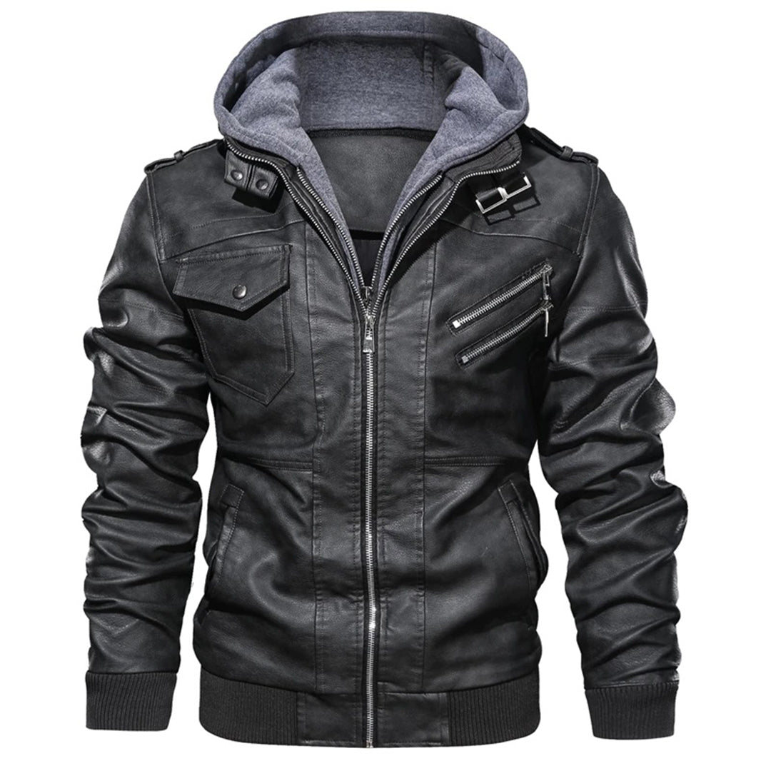 Blouson en cuir homme – Coupe ajustée – Capuche – Poches zippées – Finitions côtelées