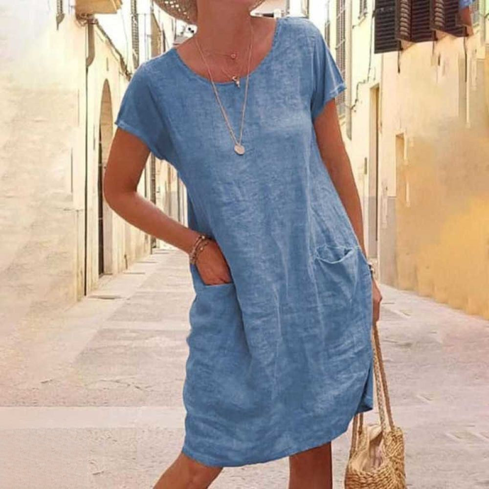Robe femme mi-longue – Coupe ample – Manches courtes – Fibres naturelles – Style décontracté