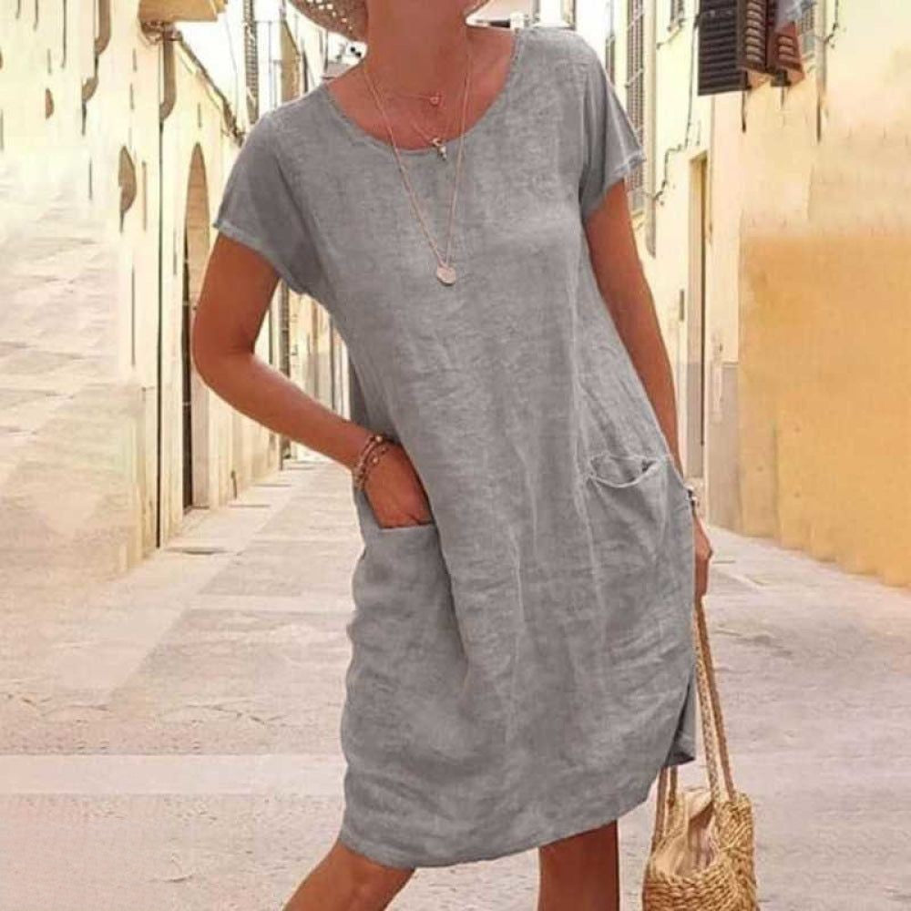 Robe femme mi-longue – Coupe ample – Manches courtes – Fibres naturelles – Style décontracté