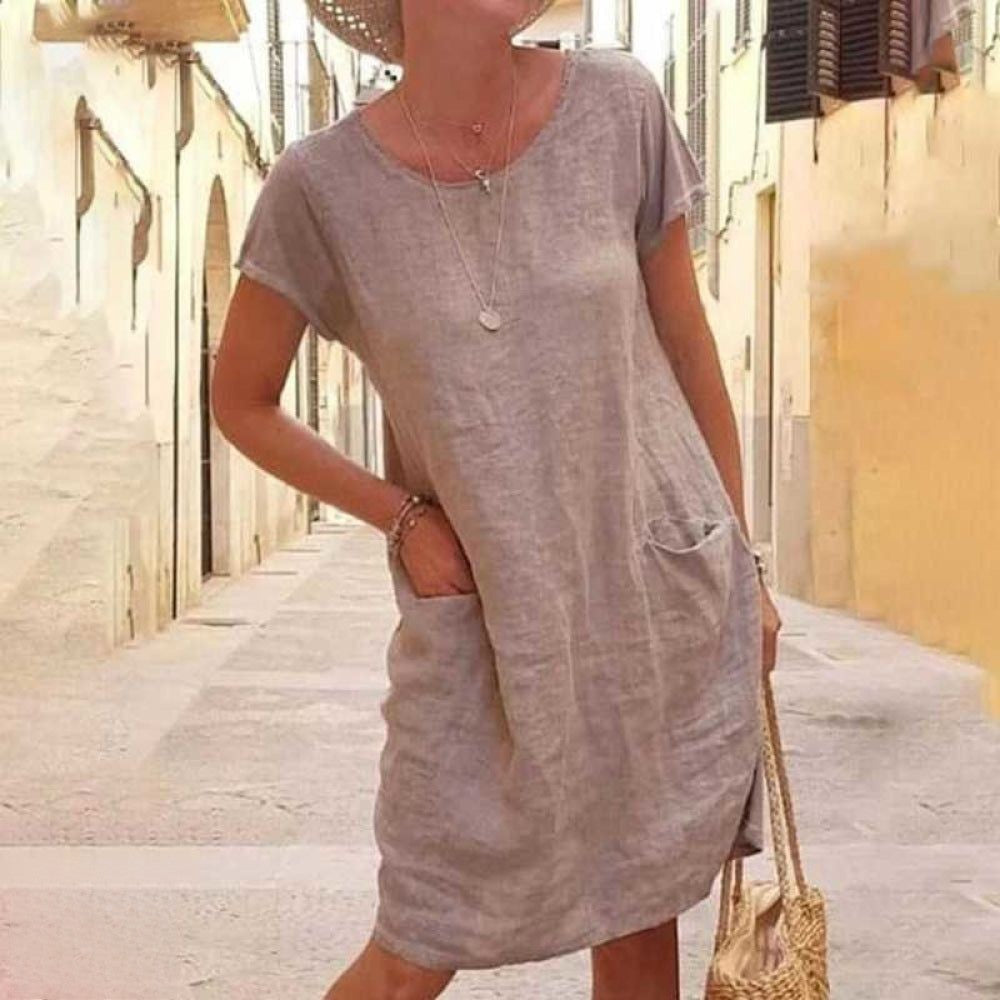 Robe femme mi-longue – Coupe ample – Manches courtes – Fibres naturelles – Style décontracté