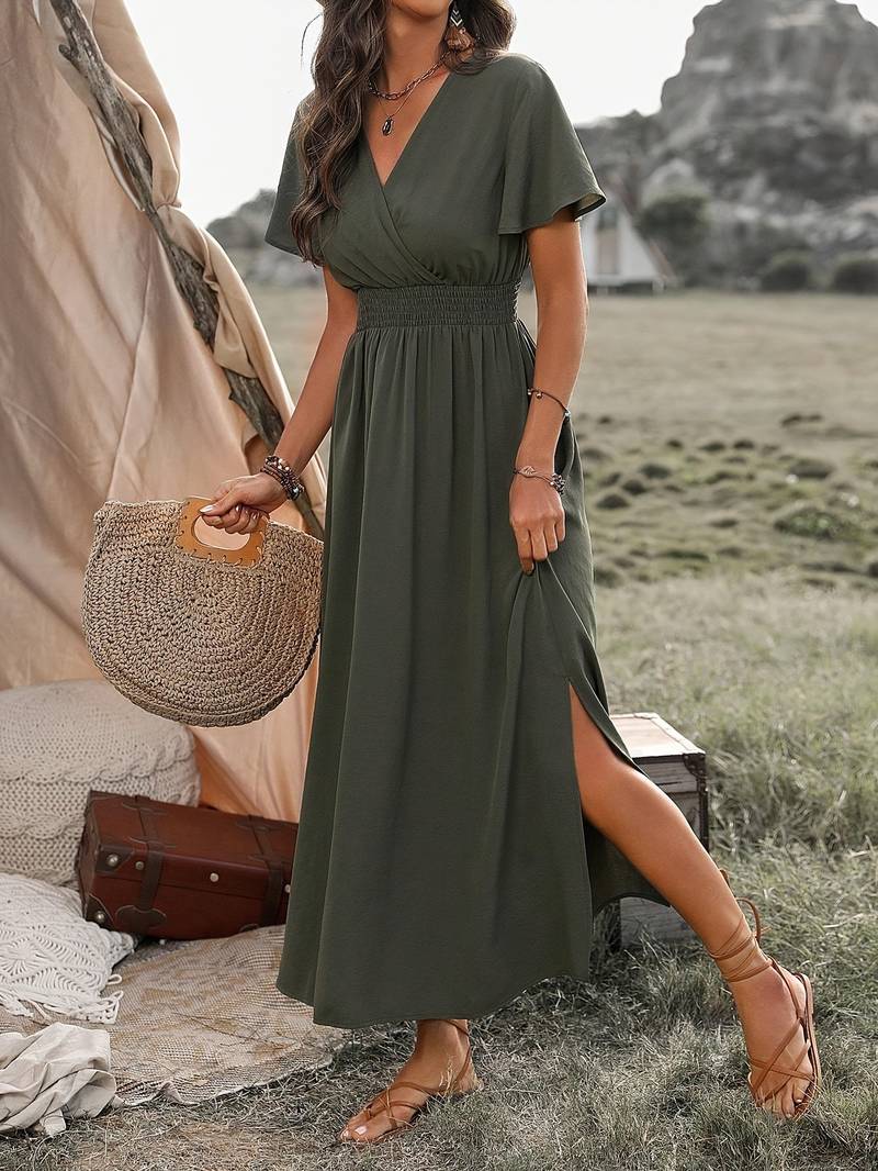 Robe midi femme – Coupe évasée – Décolleté cache-cœur – Manches courtes – Tissu fluide respirant