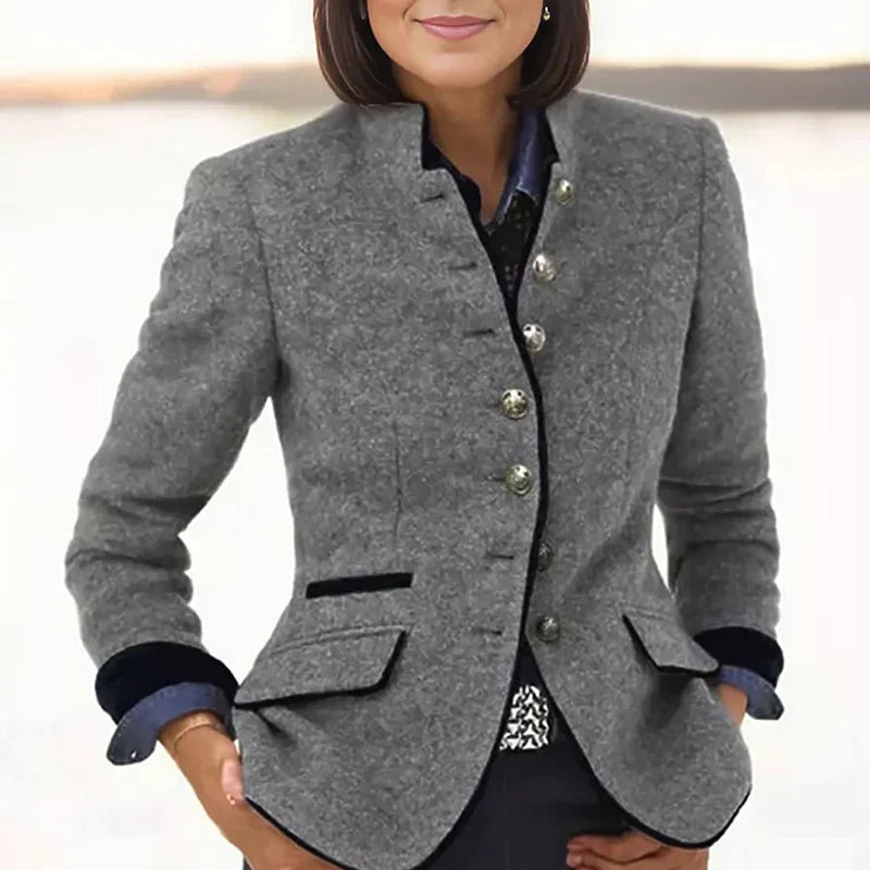 Veste femme formelle – Coupe ajustée – Laine – Col montant – Boutonnage simple