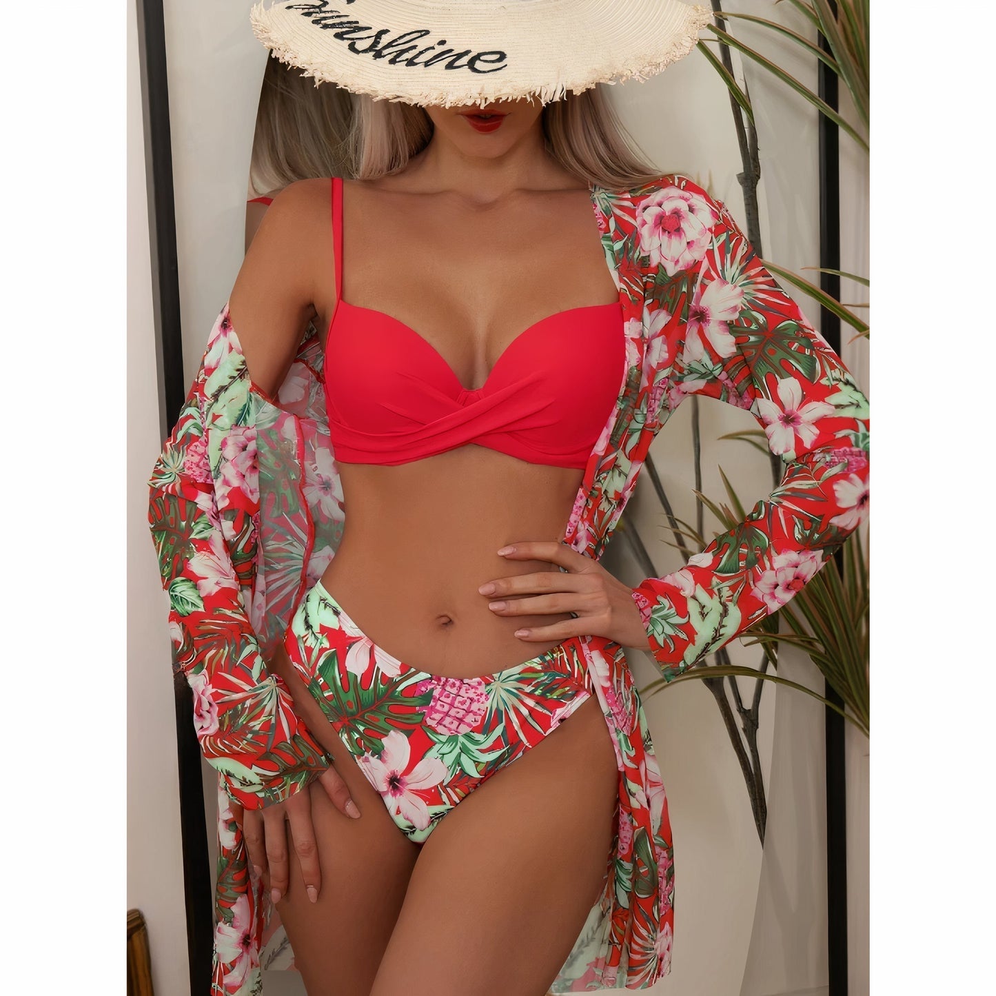 Ensemble de bikinis trois pièces pour femmes - Taille haute - Top croisé – Tissu stretch respirant