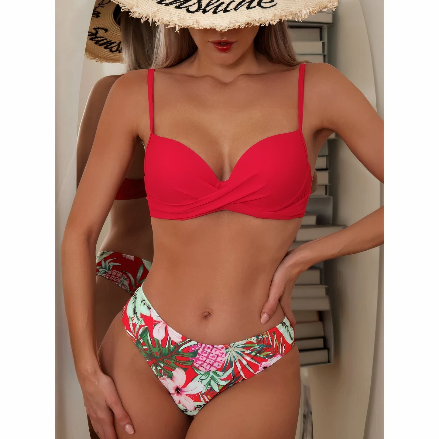 Ensemble de bikinis trois pièces pour femmes - Taille haute - Top croisé – Tissu stretch respirant