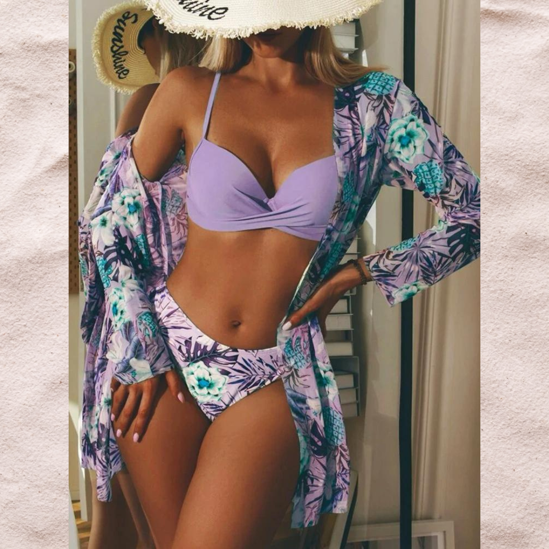 Ensemble de bikinis trois pièces pour femmes - Taille haute - Top croisé – Tissu stretch respirant
