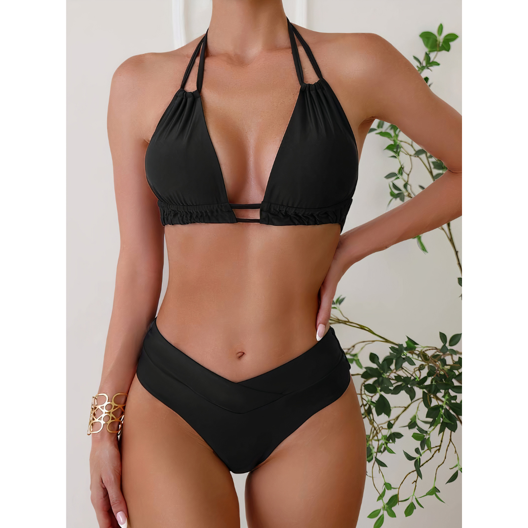 Bikini femme – Haut dos nu triangle – Bas taille haute V – Tissu respirant stretch