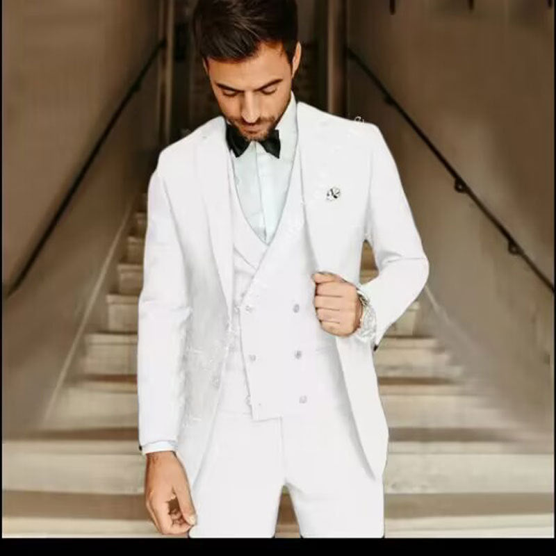 Costume homme 3 pièces – Coupe slim – Tissu luxe – Gilet croisé – Tenue formelle