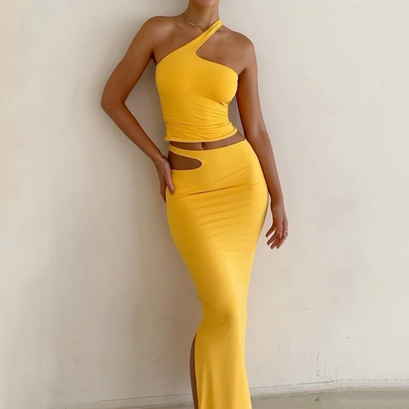 Ensemble Jupe Deux Pièces Femme – Coupe Slim – Haut Asymétrique – Jupe Midi Fendue