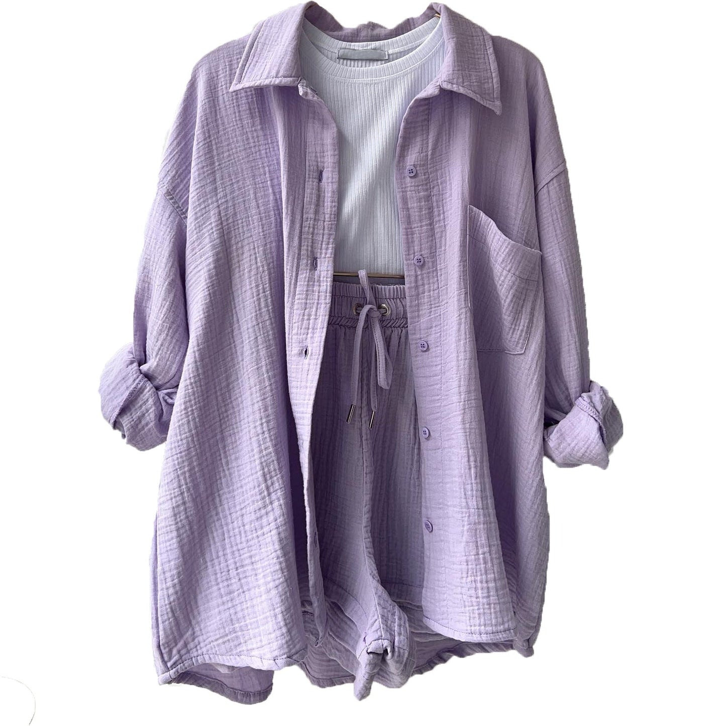 Ensemble short femme – Coupe décontractée – Chemise froissée – Taille haute avec cordon de serrage