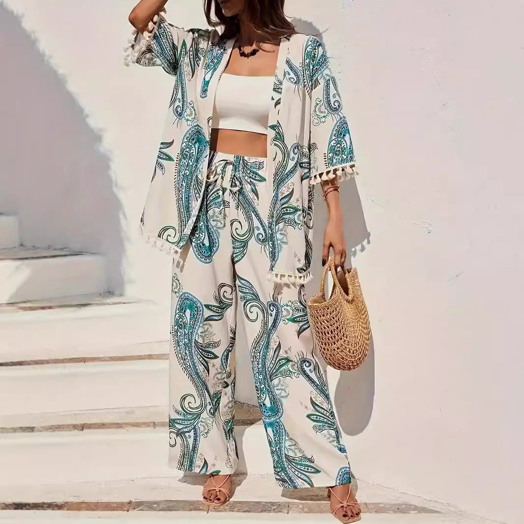 Ensemble kimono femme – Coupe ample – Pantalon large – Finition à franges – Tissu respirant
