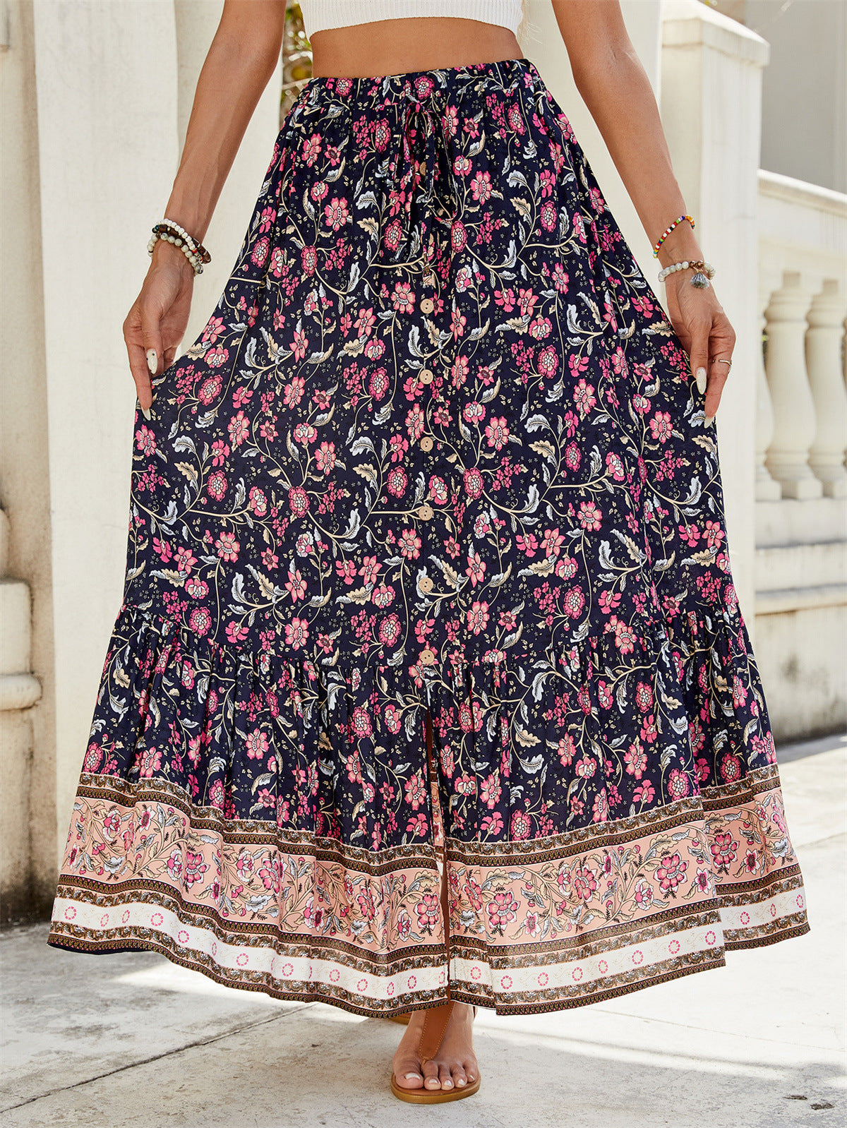 Jupe longue femme – Coupe fluide – Style bohème à volants – Imprimé floral – Fibres naturelles