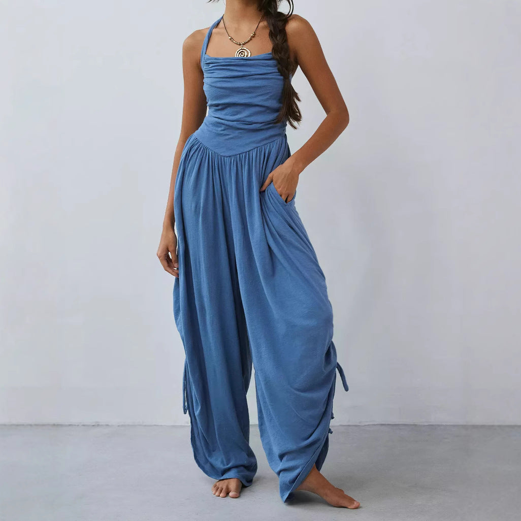 Combinaison Femme – Col Halter – Jambe Large Fluide – Tissu Respirant – Liens Réglables