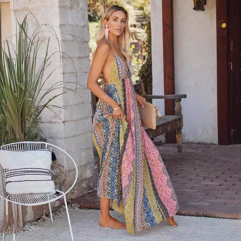 Robe longue femme – Décolleté en V – Dos nu – Bretelles fines – Tissu fluide respirant