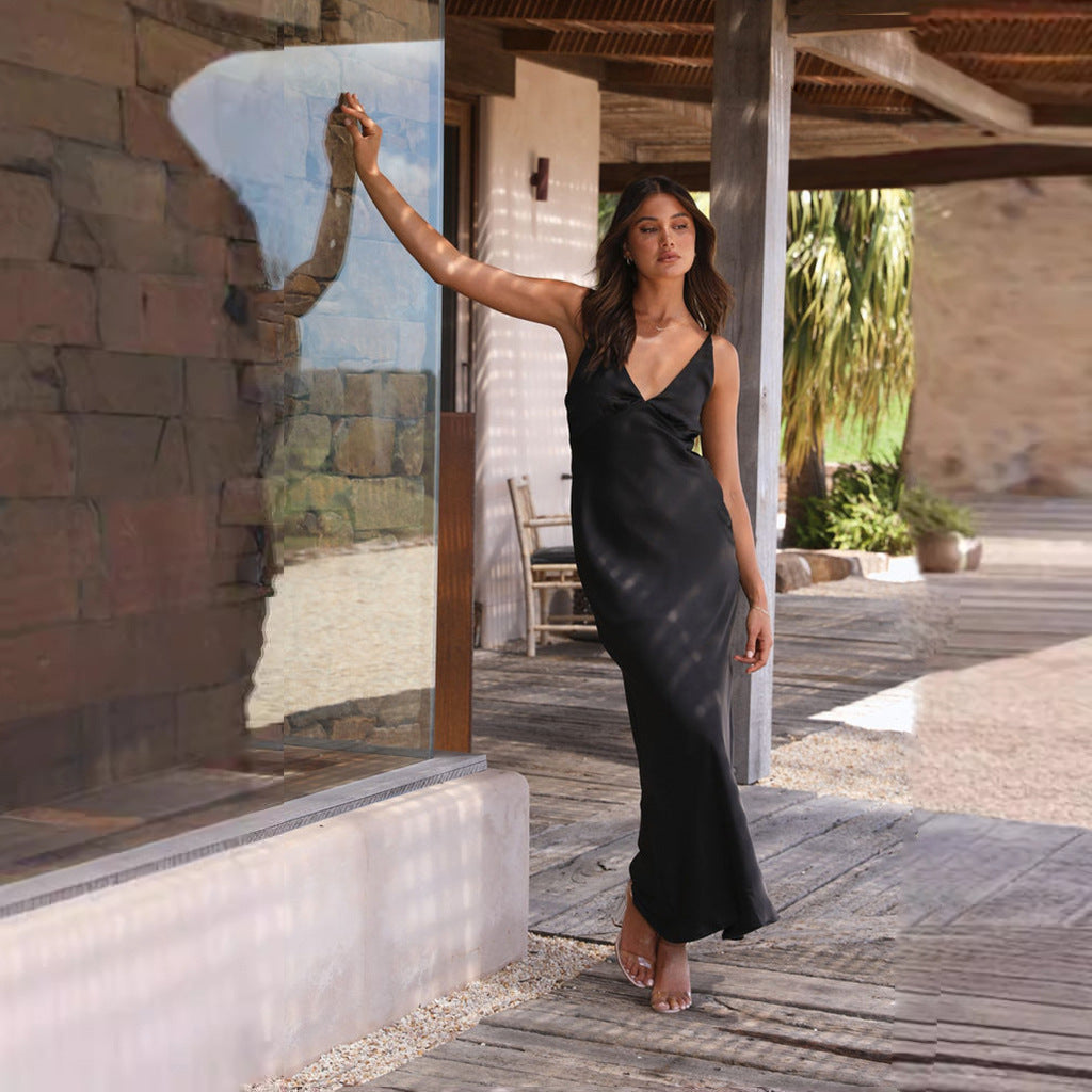 Robe de soirée femme – Satin lisse – Fendue – Sans manches – Dos nu – Décolleté V