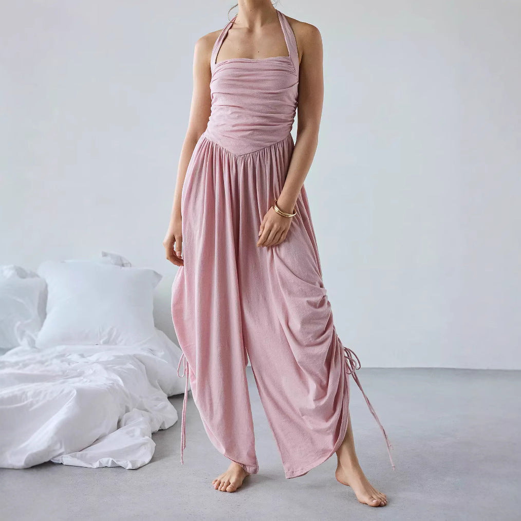 Combinaison Femme – Col Halter – Jambe Large Fluide – Tissu Respirant – Liens Réglables