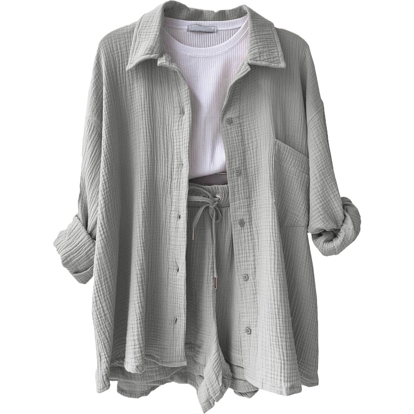 Ensemble short femme – Coupe décontractée – Chemise froissée – Taille haute avec cordon de serrage