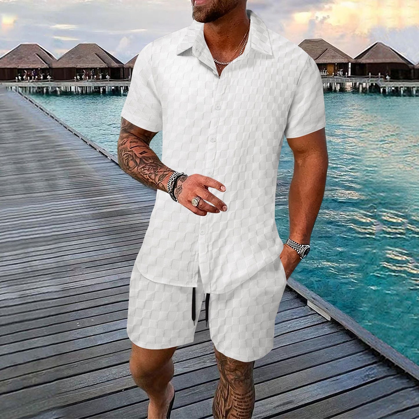 Ensemble homme deux pièces – Jacquard léger – Coupe décontractée – Chemise col à revers