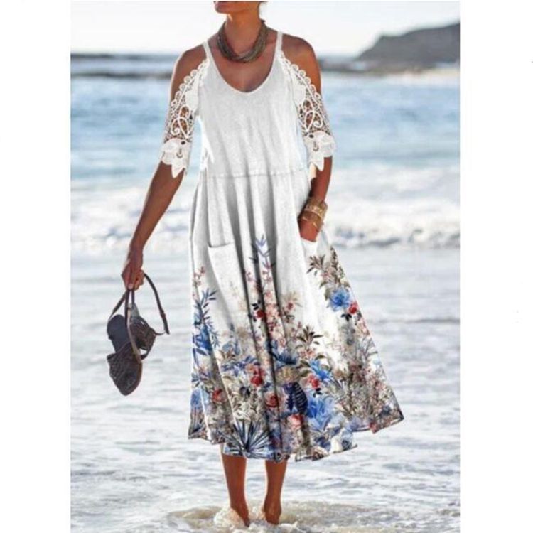 Robe longue femme – Coupe fluide – Epaule froide – Manches dentelle – Tissu respirant