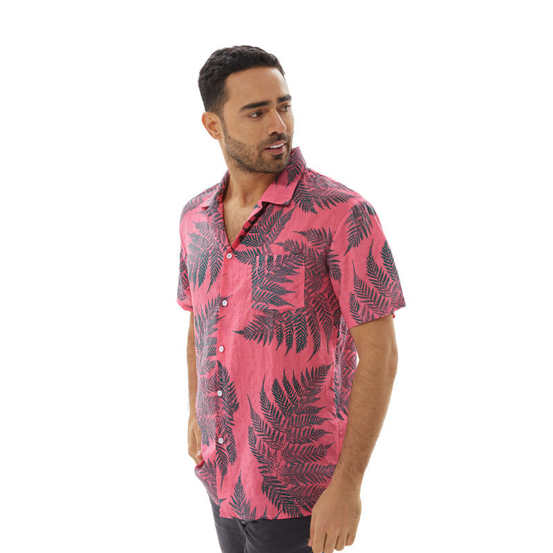 Chemise à manches courtes homme – Coupe décontractée – Tissu respirant – Motif feuillage